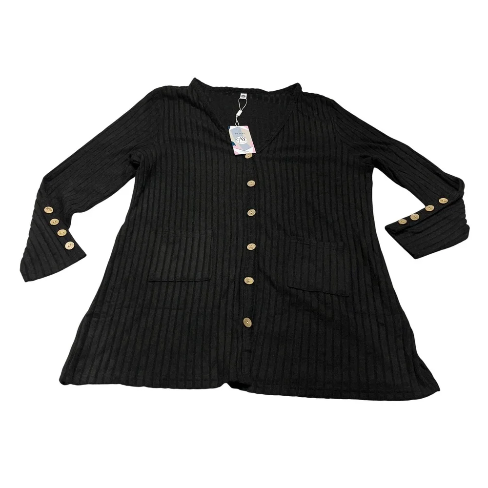 Askyes Ribbed Button Front Womens Cardigan XL Black Pockets